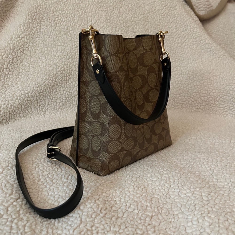 Coach Mollie Bucket Bag 22 signature

Inside  is a dark plum